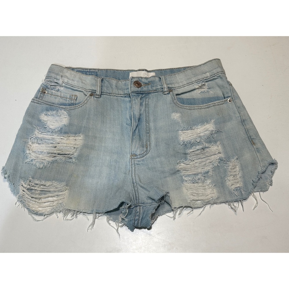 Garage Denim Shorts Women 3 Light Wash Distressed Ripped Frayed Hem High Rise‎